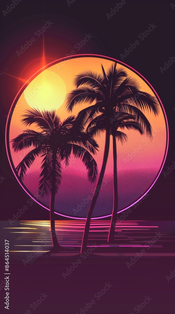 Naklejka premium Retro sunset with palm trees, vibrant neon colors, tropical concept