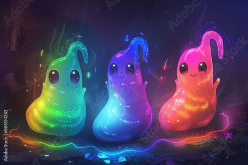 Three glowing fantasy slimes in neon colors with happy expressions. Digital art illustration. Enchanted creature and whimsical adventure concept. Generative AI photo