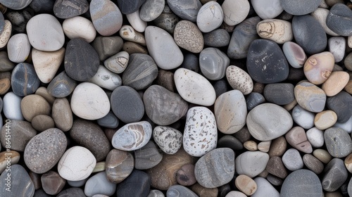 A close-up image of various smooth river rocks in shades of gray, brown, and white SEAMLESS PATTERN