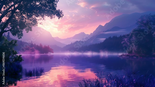 Tranquil dawn over a still lake, painting in shades of purple.
