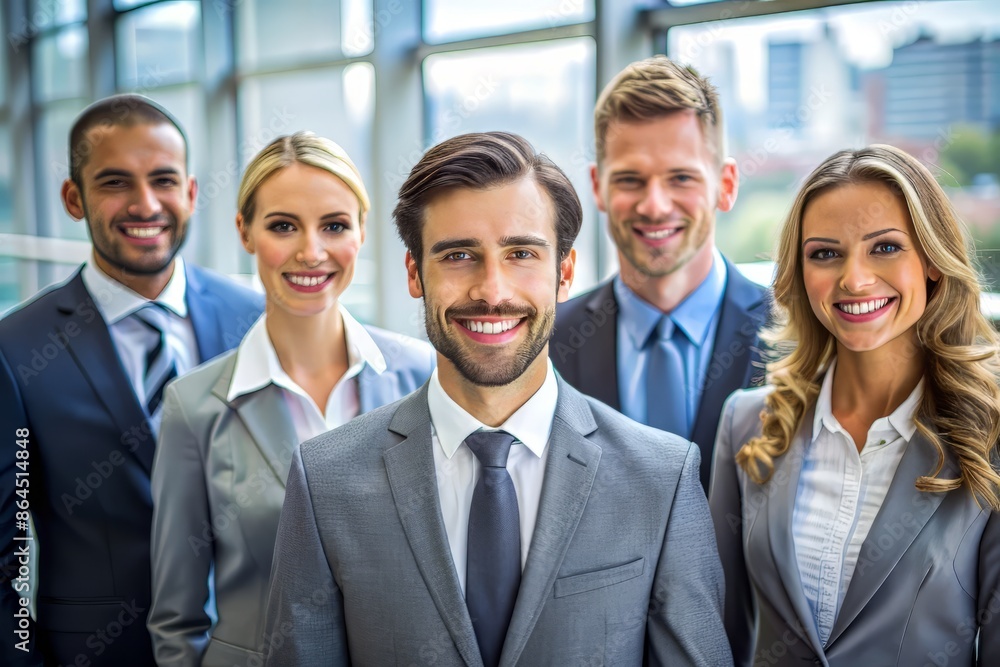 Cheerful colleagues wearing formal outfit looking at camera Cheerful colleagues wearing formal outfit looking at camera