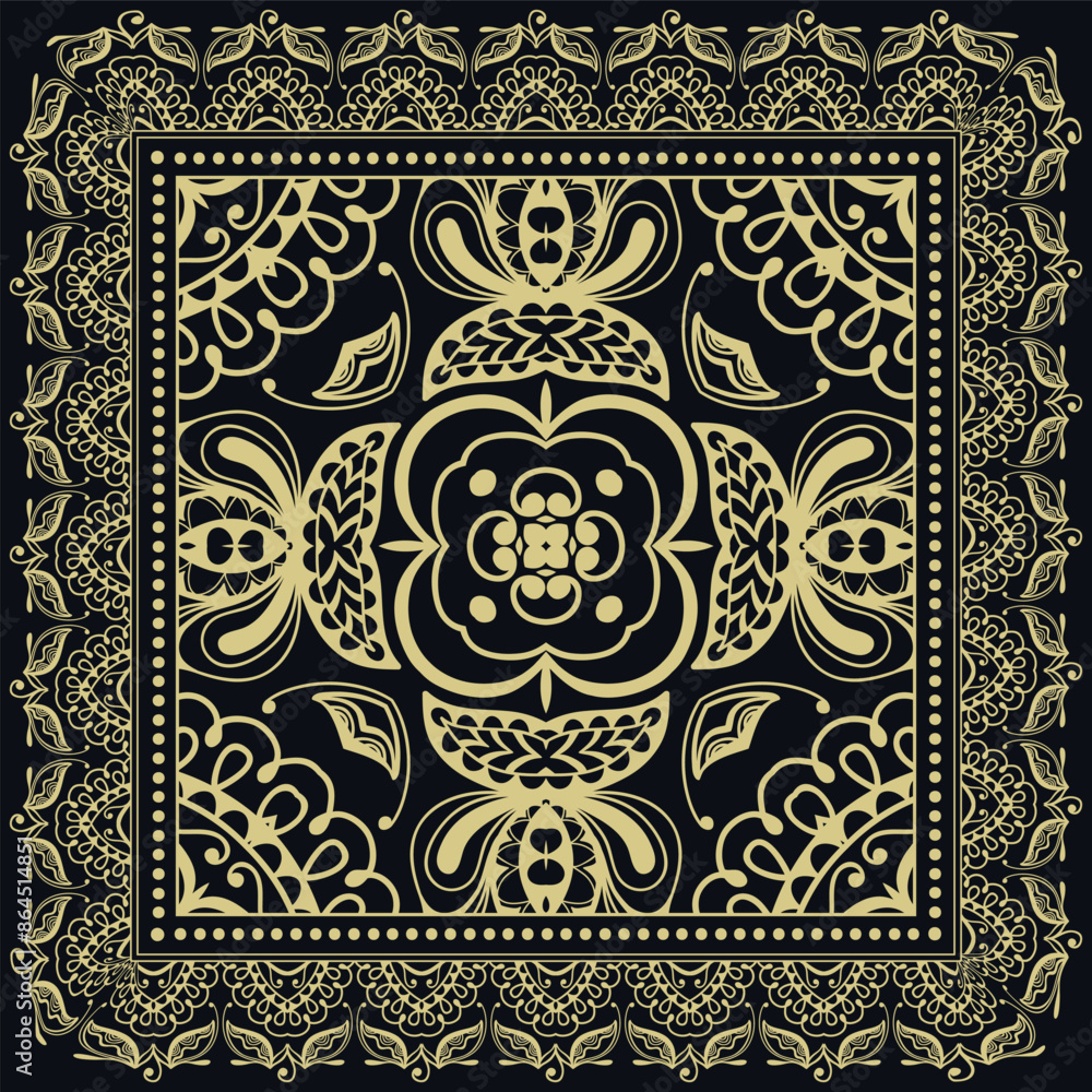 Obraz premium Decorative golden geometric linear ornament. Gold and black background, symmetric pattern with lace frame. Tribal ethnic decor. Bandana shawl, tablecloth fabric print, silk neck scarf, kerchief design