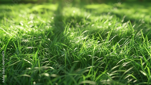 Close-up of green grass field with sunlight. Natural spring or summer background.