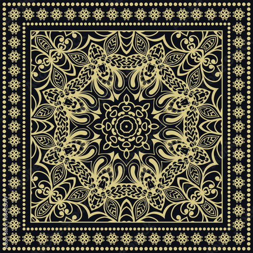 Decorative golden geometric linear ornament. Gold and black background, symmetric pattern with lace frame. Tribal ethnic decor. Bandana shawl, tablecloth fabric print, silk neck scarf, kerchief design