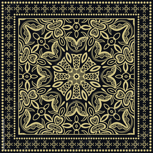 Decorative golden geometric linear ornament. Gold and black background, symmetric pattern with lace frame. Tribal ethnic decor. Bandana shawl, tablecloth fabric print, silk neck scarf, kerchief design