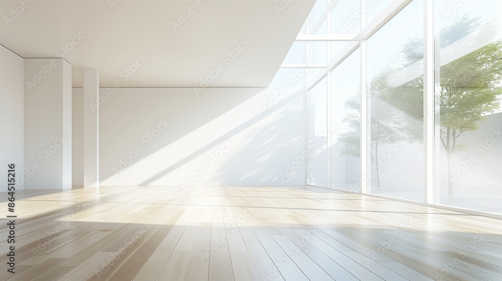 Fototapeta premium A bright and modern apartment with wooden parquet floors and large windows, ideal for contemporary living.