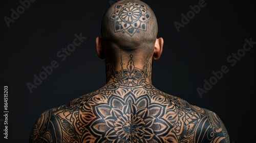Man with intricate full-back and head tattoos, minimalistic black and white ink design, isolated on dark background. Body art and modern tattoo culture concept photo