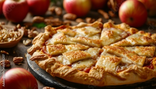 ### A pizza topped with pie crust and surrounded by apples, with nuts scattered around. This unique combination creates a visually appealing display, inviting people to try it. ###