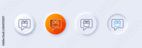 Dreaming of Gift line icon. Neumorphic, Orange gradient, 3d pin buttons. Present box sign. Birthday Shopping symbol. Package in Gift Wrap. Line icons. Neumorphic buttons with outline signs. Vector