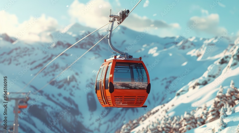 Vivid orange ski gondola close up with snow covered mountain range as stunning backdrop Vivid orange ski gondola close up with snow covered mountain range as stunning backdrop