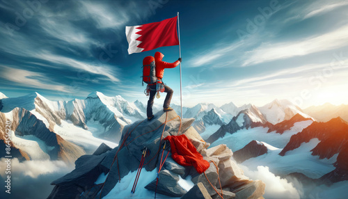 An climber conquers a towering peak, planting the Bahrain flag as a testament to human ambition and national pride.