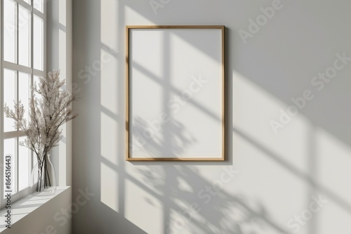 Vertical wooden frame mockup hanging on a light wall with natural sunlight and plant decoration