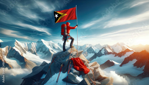 An climber conquers a towering peak, planting the East Timor flag as a testament to human ambition and national pride. photo