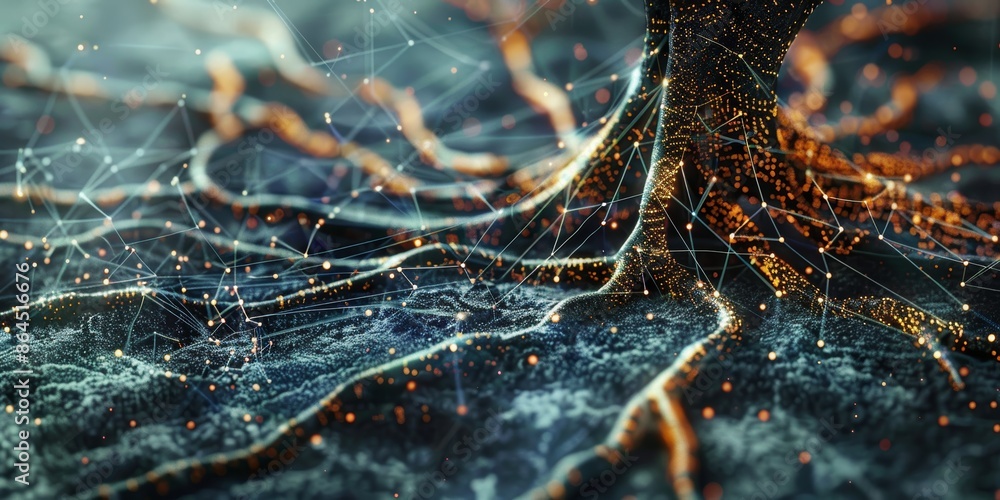 © Supremetones - Abstract drawing of roots shaped like network cables, on a foundation in tech background, concept for the foundational role of networking in technology.