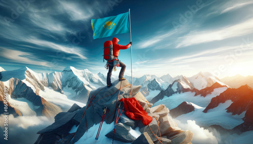 An climber conquers a towering peak, planting the Kazakhstan flag as a testament to human ambition and national pride. photo