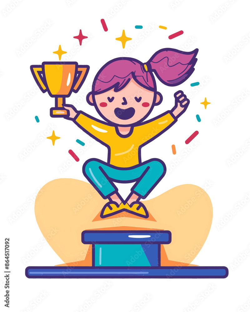 girl student celebrating school graduation with a trophy. Celebration contest lottery raffle winner graduation illustration isolated on white background girl student celebrating school graduation with a trophy. Celebration contest lottery raffle winner graduation illustration isolated on white background