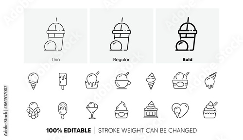 Frozen yogurt, Vanilla sundae, bubble waffle. Ice cream line icons set. Sweet dessert food, milkshake with ice cream, sundae icons. Smoothie drink, frozen coffee, sorbet wafer. Line icons set. Vector