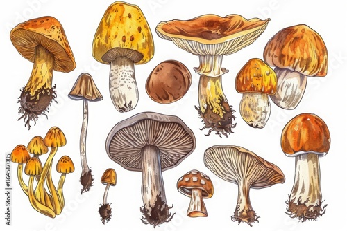 Various mushrooms on a white background. Watercolor illustration for design and print. Generative AI