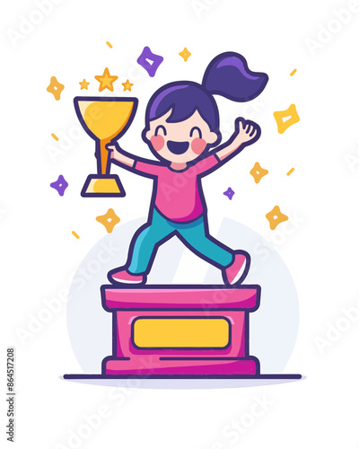 girl student celebrating class graduation with golden championship trophy. Celebration contest lottery raffle winner graduation illustration isolated on white background