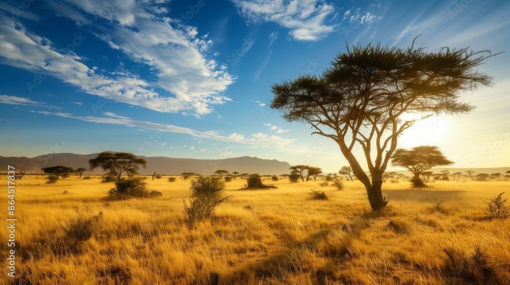 A scenic view of the Kenyan savanna, featuring acacia trees and wildlife under a clear blue sky, perfect for an adventurous safari. A scenic view of the Kenyan savanna, featuring acacia trees and wildlife under a clear blue sky, perfect for an adventurous safari.
