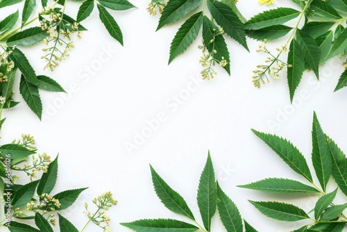 Neem leaves and flowers arranged in a border on a white background. Flat lay composition with copy space for herbal medicine and natural remedies design. Ayurveda. ayurvedic herbs. Generative AI