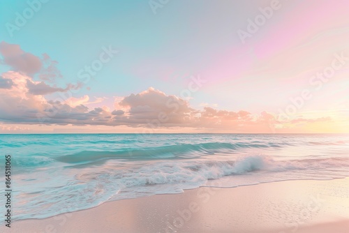 A serene beach at sunset with gentle waves and a colorful sky, perfect for a relaxing and tranquil vacation.