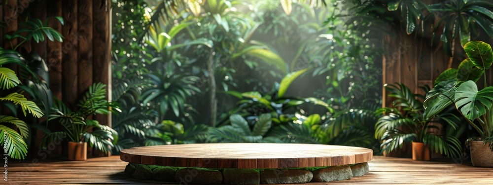 Background podium jungle product platform 3D green wood display pedestal. Background podium jungle tree nature leaf tropical cosmetic summer forest plant garden stage water presentation stone table. Background podium jungle product platform 3D green wood display pedestal. Background podium jungle tree nature leaf tropical cosmetic summer forest plant garden stage water presentation stone table.