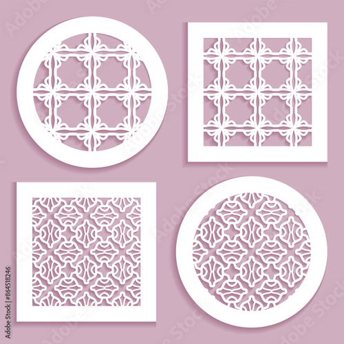 Templates for laser cutting, plotter cutting, printing. Round and square line patterns. Geometric design cut out of paper. Mandala Islamic die cut ornament. Fretwork panels, cutout silhouette stencils