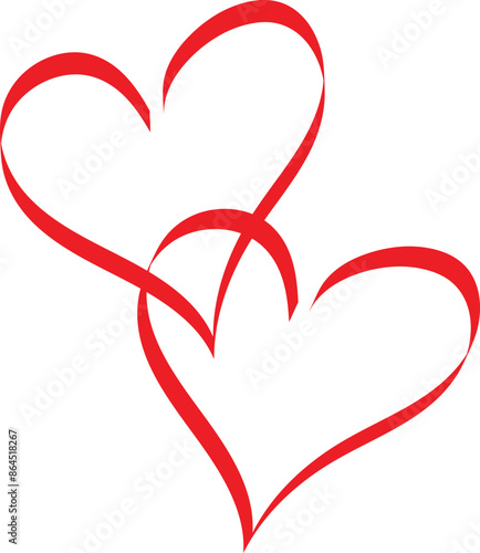 Two red hearts connected intertwined and joined together. Hand drawn calligraphy strokes. Isolated transparent background for Valentine Day, wedding or other love purpose. EPS 10 vector illustration. 