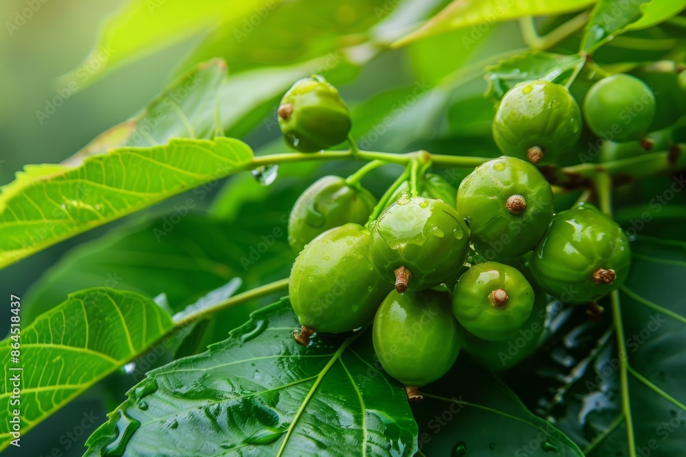 Neem fruits and leaves with water droplets. Herbal medicine and natural remedies concept. Ayurveda. Ayurvedic herbs. Generative AI Neem fruits and leaves with water droplets. Herbal medicine and natural remedies concept. Ayurveda. Ayurvedic herbs. Generative AI