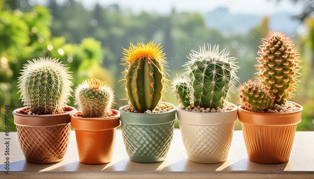 A group of small cacti in different pots, arranged on a sunny windowsill, capturing the varied textures, shapes, and spines of the cacti, with the plain background emphasizing their uniqueness. A group of small cacti in different pots, arranged on a sunny windowsill, capturing the varied textures, shapes, and spines of the cacti, with the plain background emphasizing their uniqueness.