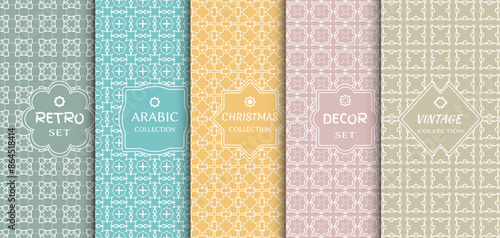 Set of seamless line patterns, colored background. Stylish decorative vintage, retro, arabic, christmas label decor set. Abstract geometric frame, vector illustration. Art Deco style, light colors