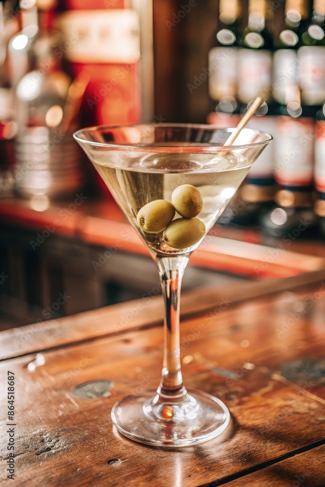 Classic martini with olives on the bar counter in a sophisticated setting Classic martini with olives on the bar counter in a sophisticated setting