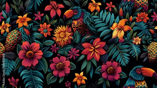 Seamless Mexican-Inspired Pattern with Tropical Birds and Jungle Animals