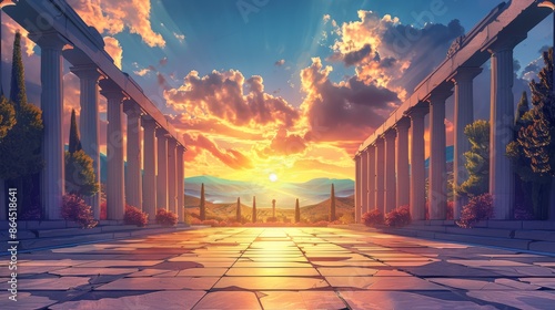 Ancient Greek olympic stadium columns and arches reflecting the classical charm of ancient Greece, sun rays, sport competition concept, banner photo