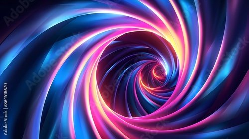 Abstract Flowing Glowing Spiral Lines of Vibrant Neon Colors On Dark Color Gradient in Dynamic Curved Patterns Background