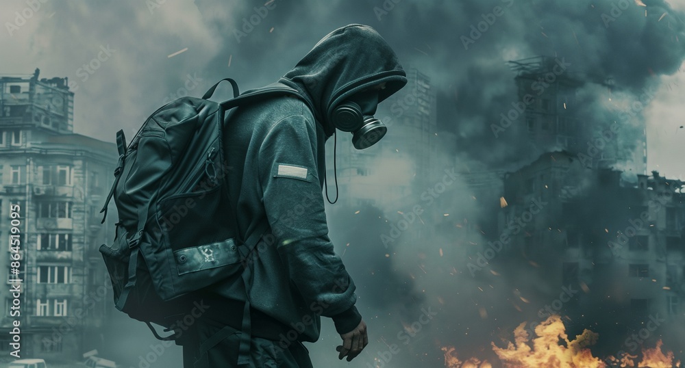 Fototapeta premium a man in a hoodie is walking through a city with a fire in the background