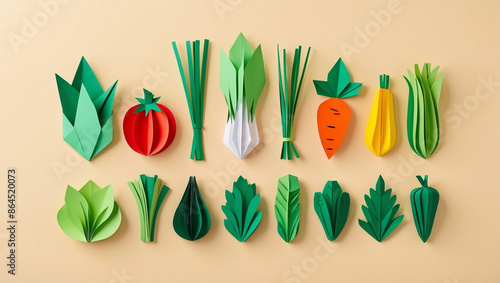 Paper craft origami salad leaves and vegetables healthy eating background