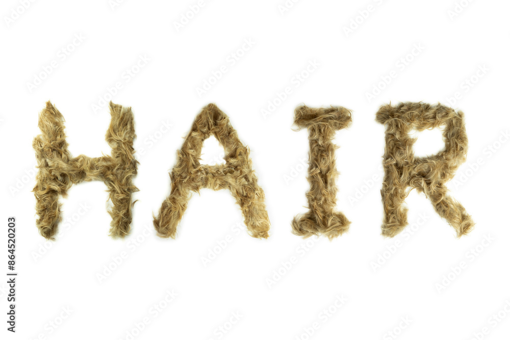 Creative typography made with real dog hair. Blonde hair on white background Dogs, cats, pets, monsters and other furry animals. Complete alphabet. Word HAIR Creative typography made with real dog hair. Blonde hair on white background Dogs, cats, pets, monsters and other furry animals. Complete alphabet. Word HAIR