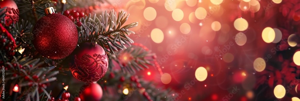 a Christmas tree with red ornaments and lights in the background a Christmas tree with red ornaments and lights in the background