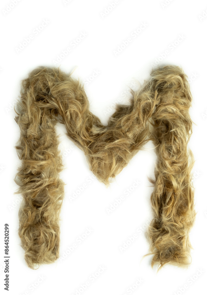 Creative typography made with real dog hair. Blonde hair on white background Dogs, cats, pets, monsters and other furry animals. Complete alphabet. Letter M Creative typography made with real dog hair. Blonde hair on white background Dogs, cats, pets, monsters and other furry animals. Complete alphabet. Letter M