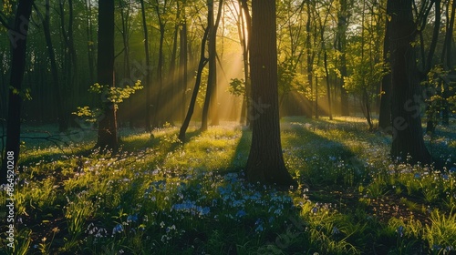 Special perspective of the woods under enchanting sunlight during the spring season