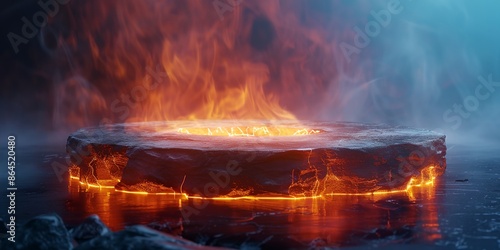 A lava pit with a fire in the center. The fire is orange and yellow. The pit is surrounded by water photo