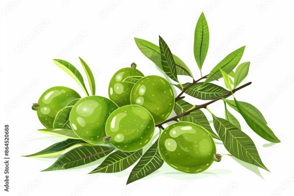 Cluster of green amla fruits with leaves. Digital illustration on white background. Food and botanical concept for design and print. Ayurveda. Ayurvedic herbs. Generative AI Cluster of green amla fruits with leaves. Digital illustration on white background. Food and botanical concept for design and print. Ayurveda. Ayurvedic herbs. Generative AI
