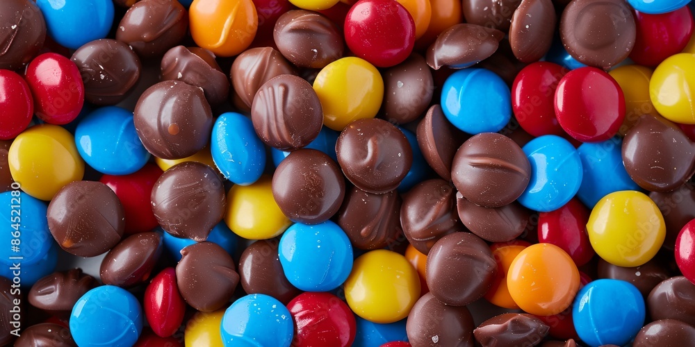 A pile of colorful candy with a blue and yellow candy in the middle. The candy is assorted and has a variety of colors A pile of colorful candy with a blue and yellow candy in the middle. The candy is assorted and has a variety of colors