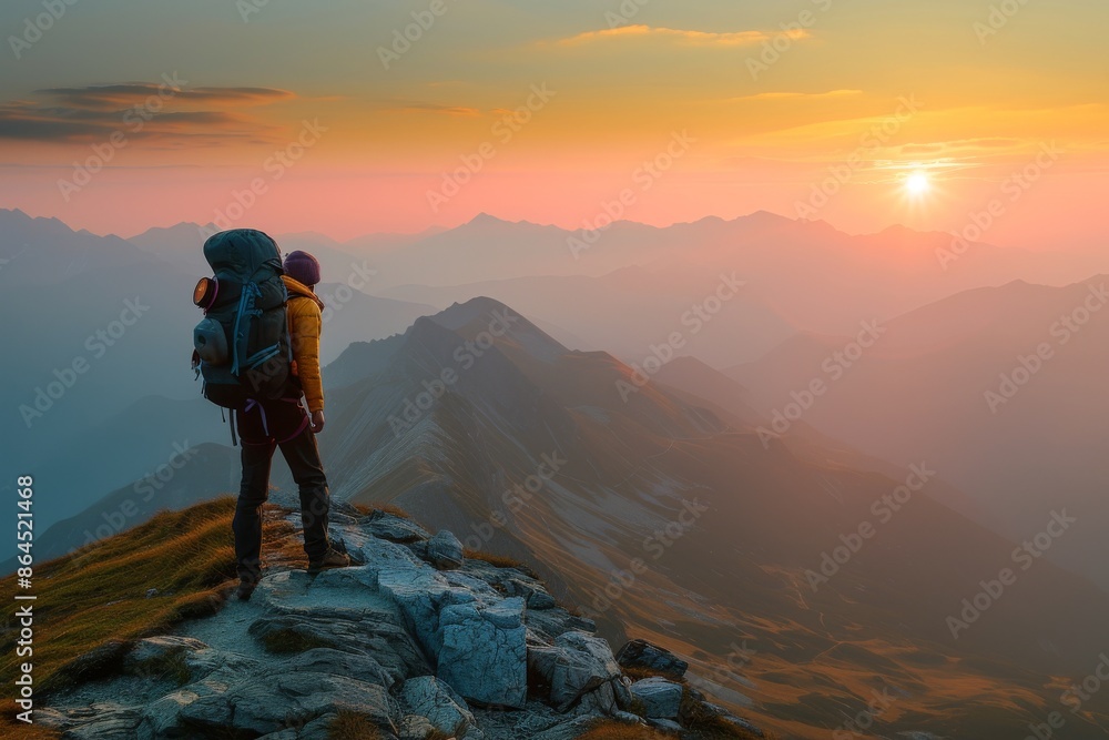 a person standing on top of a mountain with a backpack, backpacker standing on a sunset mountain peak with a panoramic view a person standing on top of a mountain with a backpack, backpacker standing on a sunset mountain peak with a panoramic view