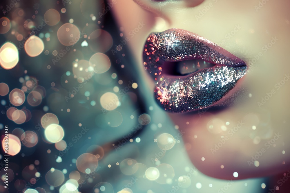 Obraz premium A woman with glittery lips is the main focus of the image. The glittery lips are the most prominent feature of the image, and they draw the viewer's attention. The image has a fun and playful mood