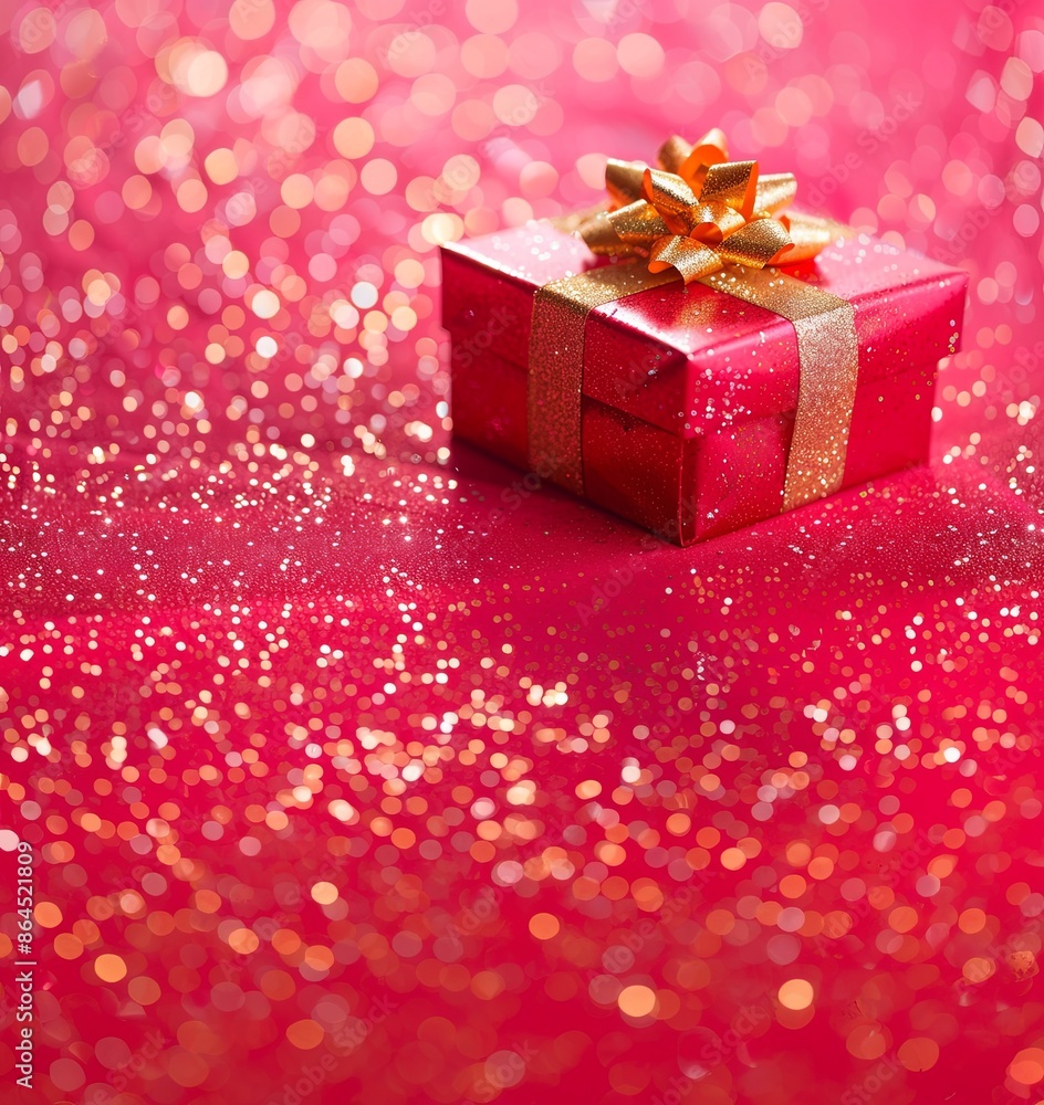 Beautifully Wrapped Gift Box With Gold Ribbon on Glittering Pink Background Beautifully Wrapped Gift Box With Gold Ribbon on Glittering Pink Background