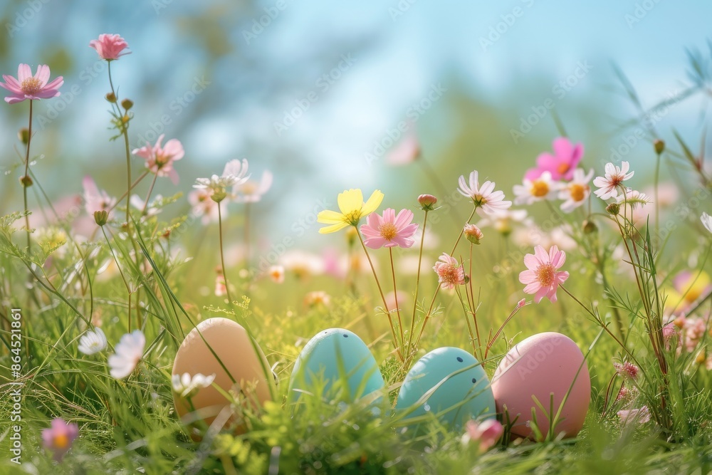 a field with some eggs and flowers, calm spring meadow full of pastel-colored Easter eggs and budding flowers a field with some eggs and flowers, calm spring meadow full of pastel-colored Easter eggs and budding flowers