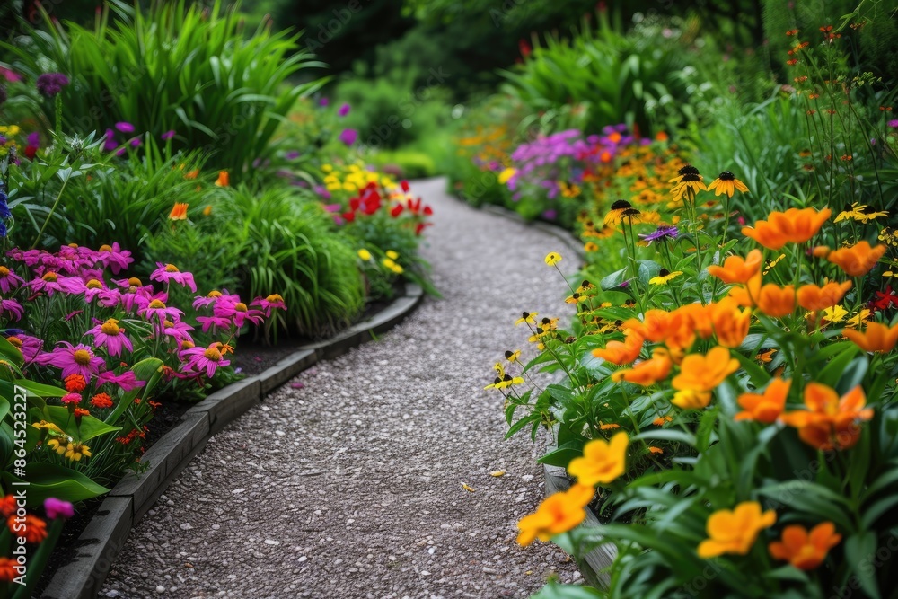 Lush green with blooming flowers with road on forest Lush green with blooming flowers with road on forest